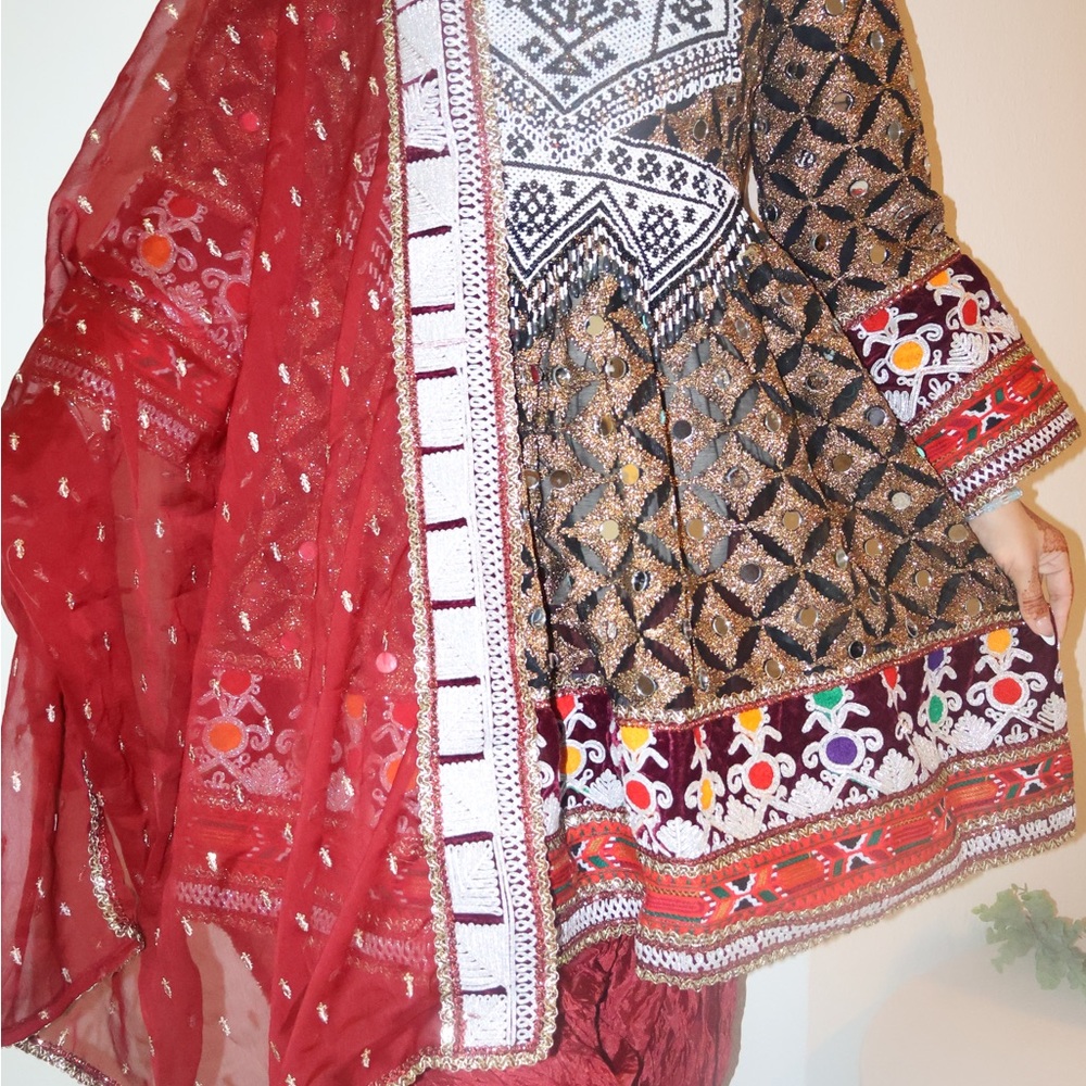 Embroidered Black Gold and Maroon Afghan Dress